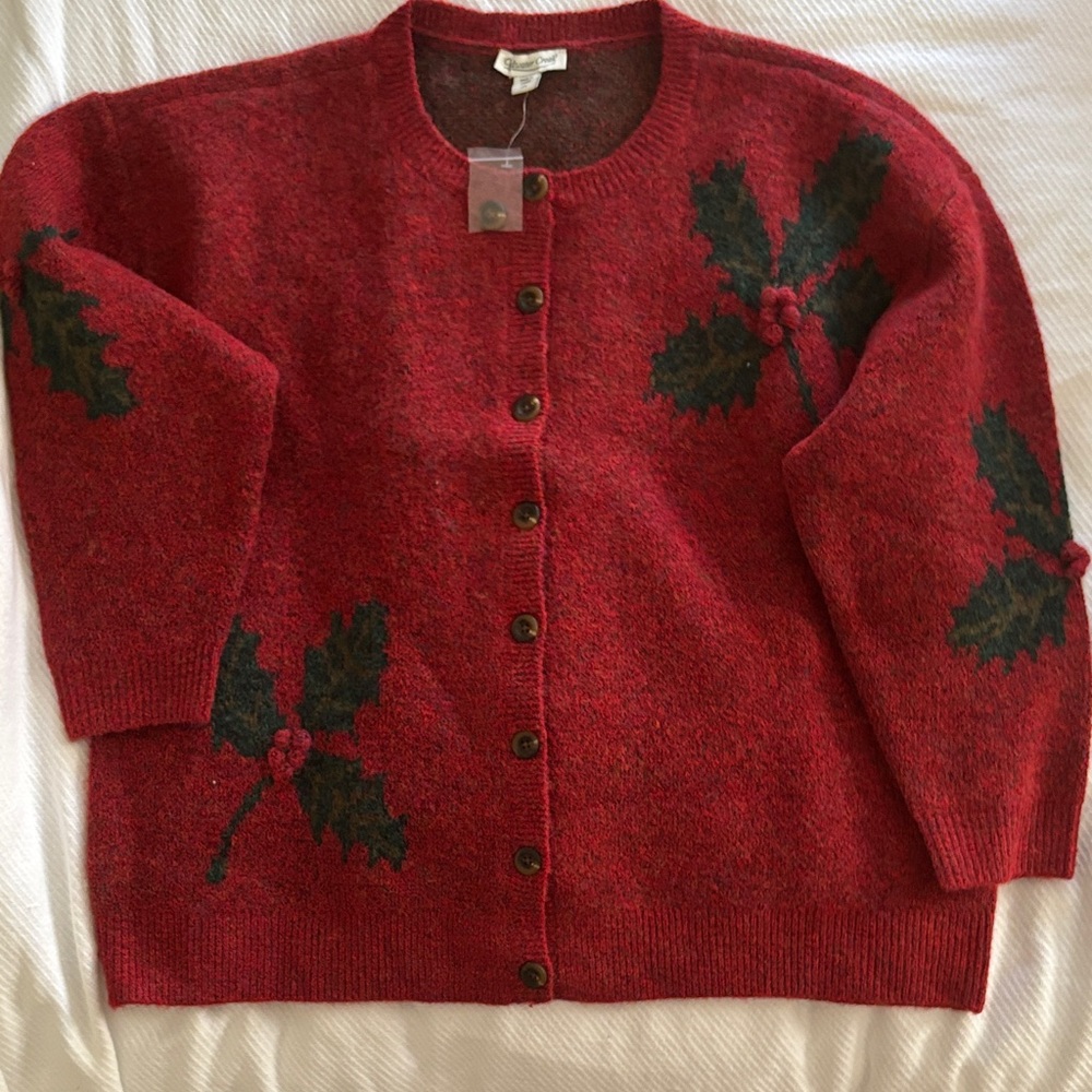 Coldwater Creek Festive Red Cardigan with Green Holly